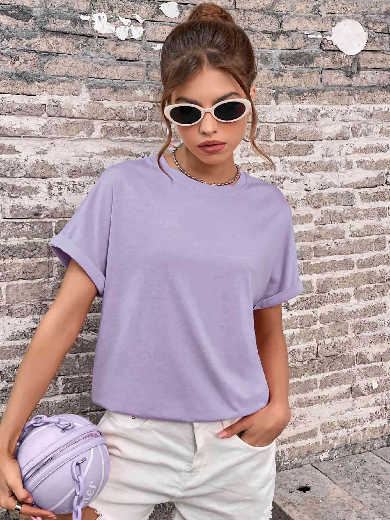 Round Neck Cuffed Sleeve T-Shirt - In Style Chics Boutique LLC