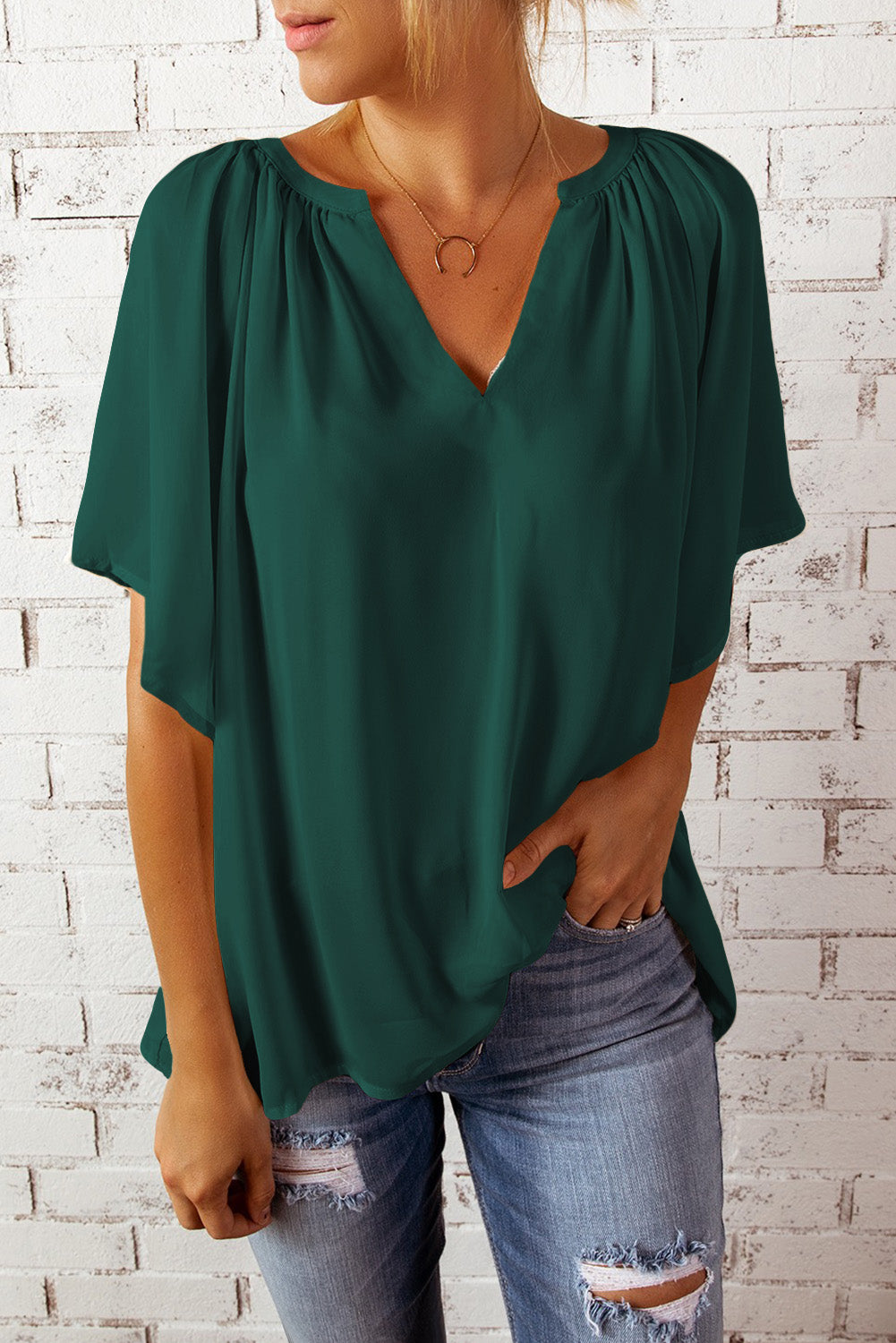 Gathered Detail Notched Neck Flutter Sleeve Top - More Colors! - In Style Chics Boutique LLC