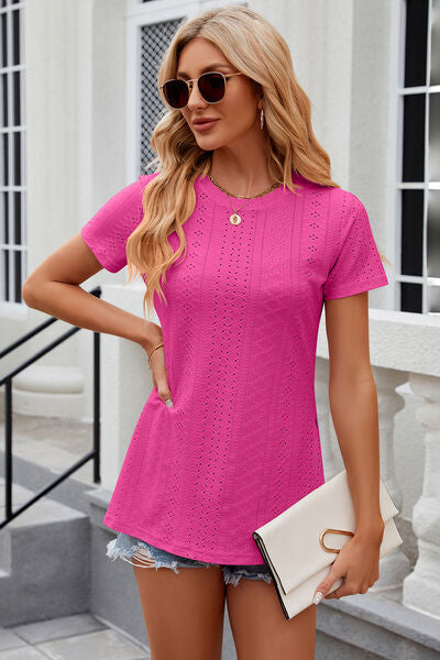 Eyelet Slit Round Neck Short Sleeve T-Shirt - More Colors! - In Style Chics Boutique LLC