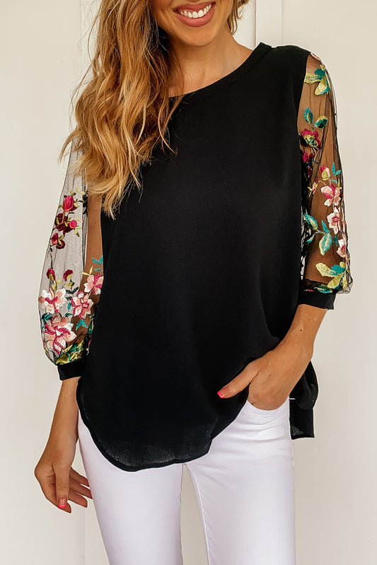 Embroidered Round Neck Three-Quarter Sleeve T-Shirt - In Style Chics Boutique LLC