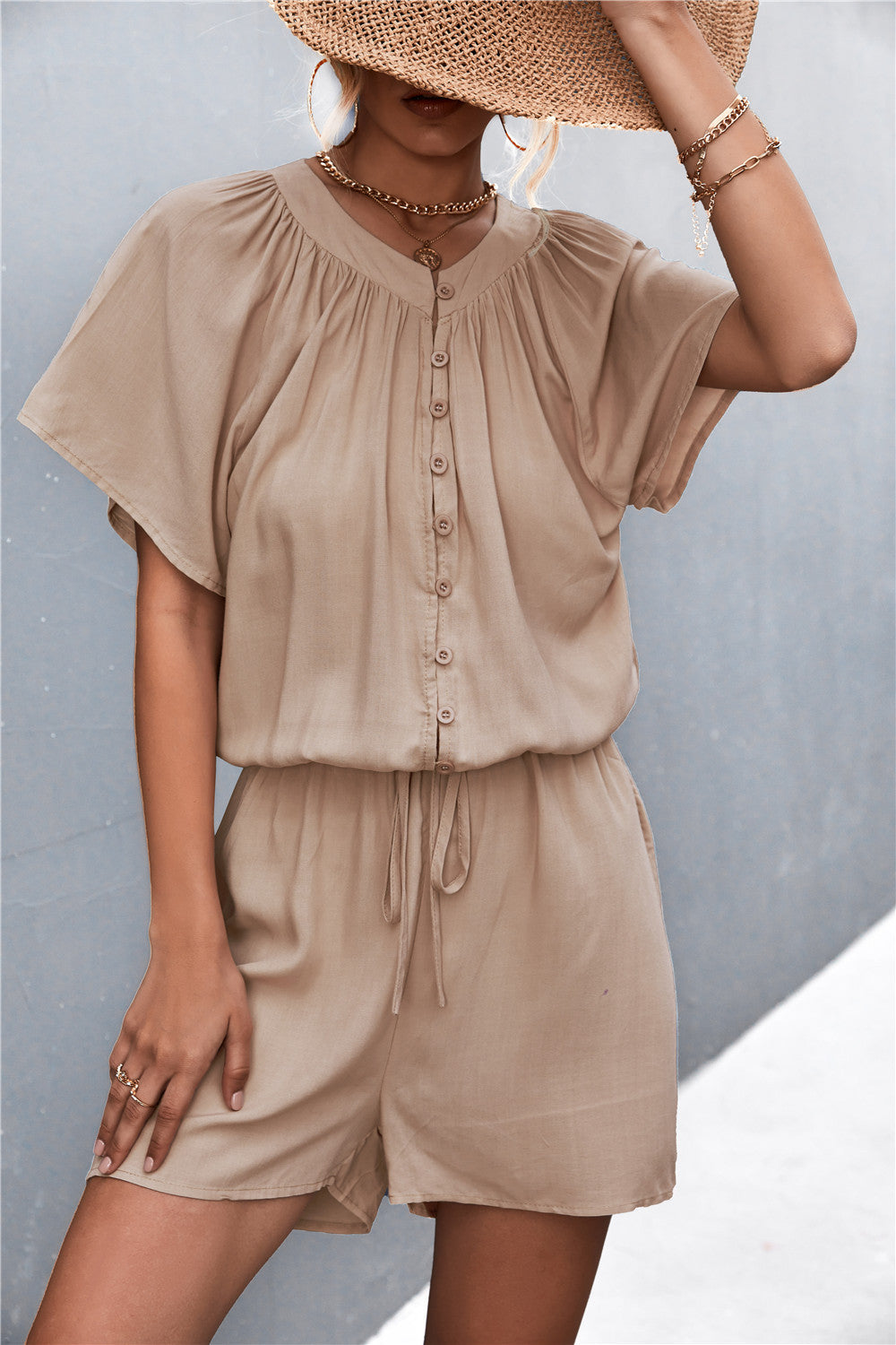 Buttoned Gather Detail Romper Also in Black! - In Style Chics Boutique LLC