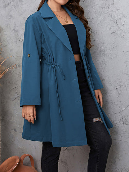 Plus Size Lapel Collar Drawstring Roll-Tab Sleeve Trench Coat - Mocha or Dusty Blue - In Style Chics Boutique LLC