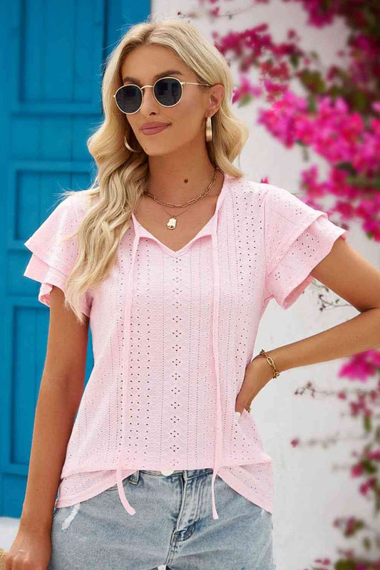 Eyelet Tie-Neck Flutter Sleeve Blouse - More Colors! - In Style Chics Boutique LLC