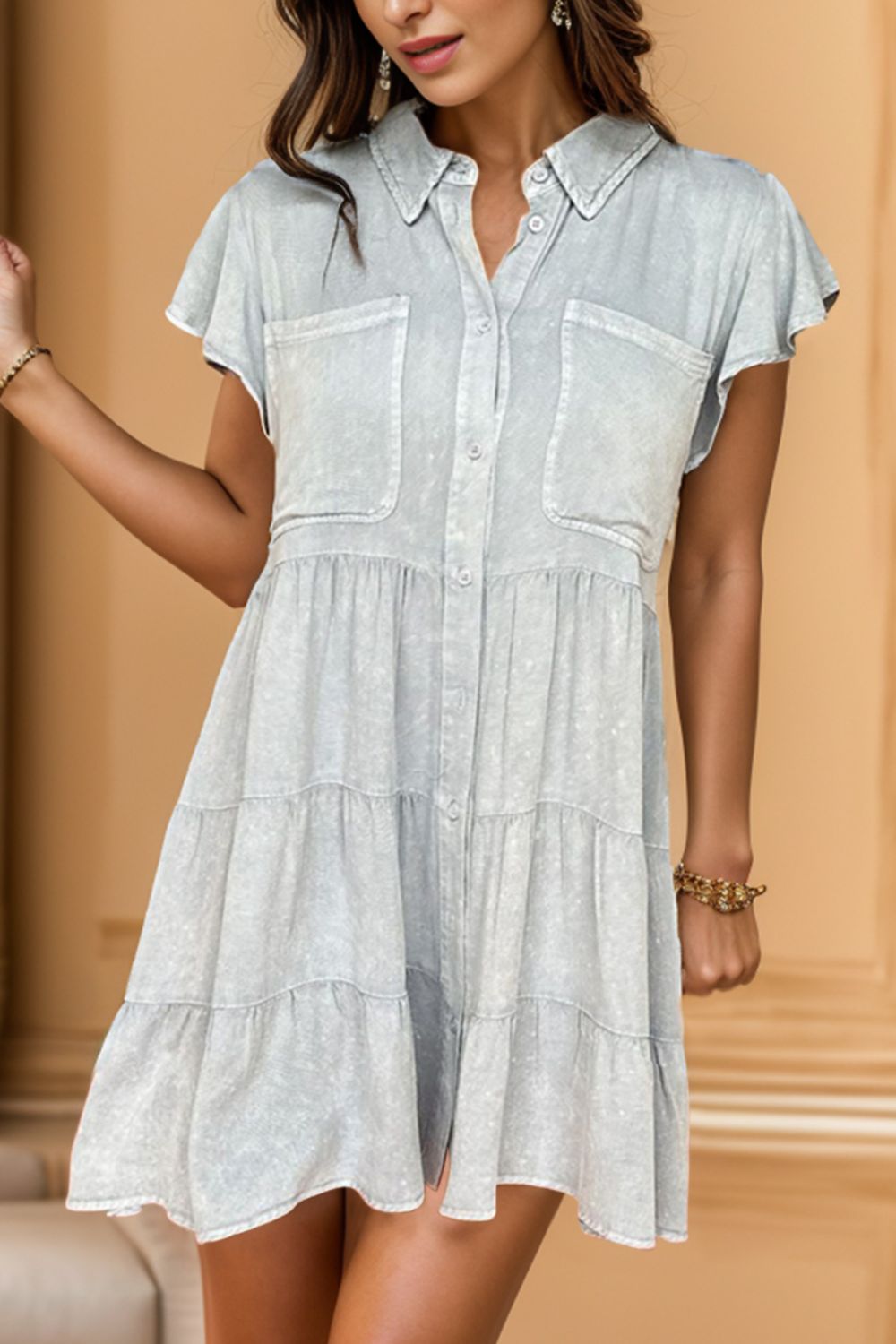 Button Up Cap Sleeve Denim Dress Light Gray or Pink - In Style Chics Boutique LLC