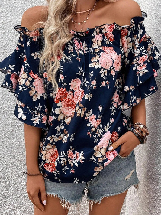 Printed Off-Shoulder Flounce Sleeve Blouse - In Style Chics Boutique LLC