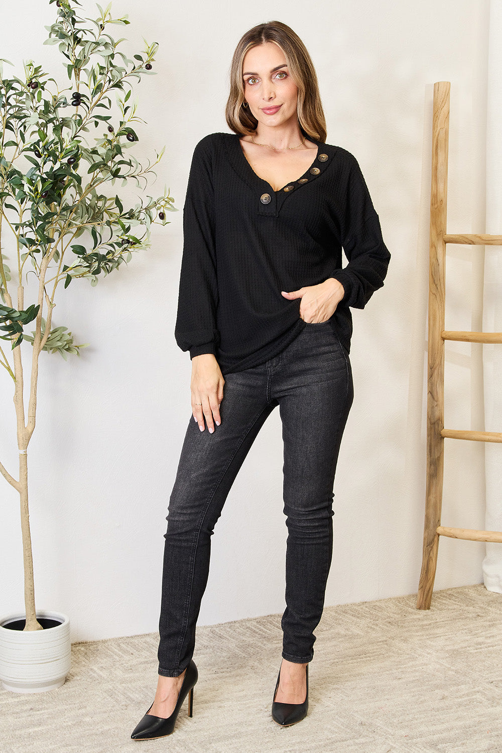 Zenana Buttoned Long Sleeve Blouse - In Style Chics Boutique LLC