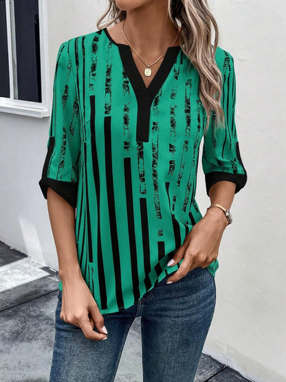 Striped Notched Half Sleeve Blouse More Color Options - In Style Chics Boutique LLC