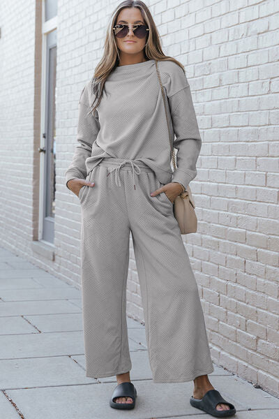 Double Take Full Size Textured Long Sleeve Top and Drawstring Pants Set - More Colors! - In Style Chics Boutique LLC