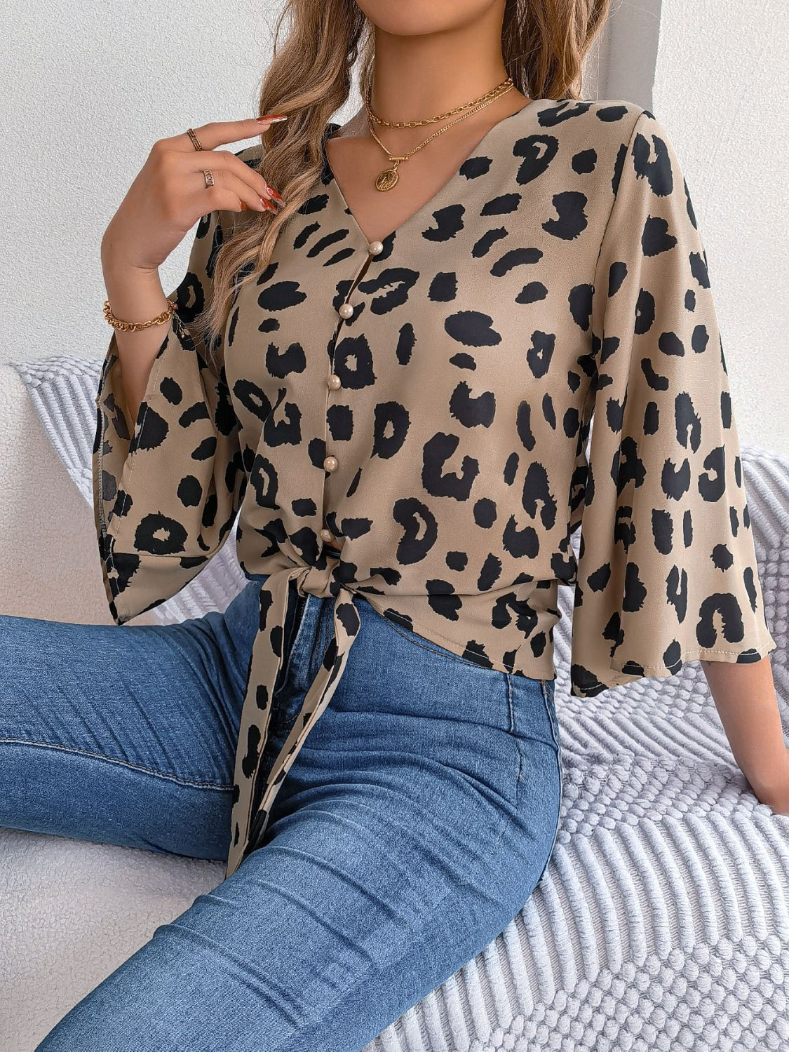 Tied Button Up Leopard V-Neck Blouse - More Colors! - In Style Chics Boutique LLC