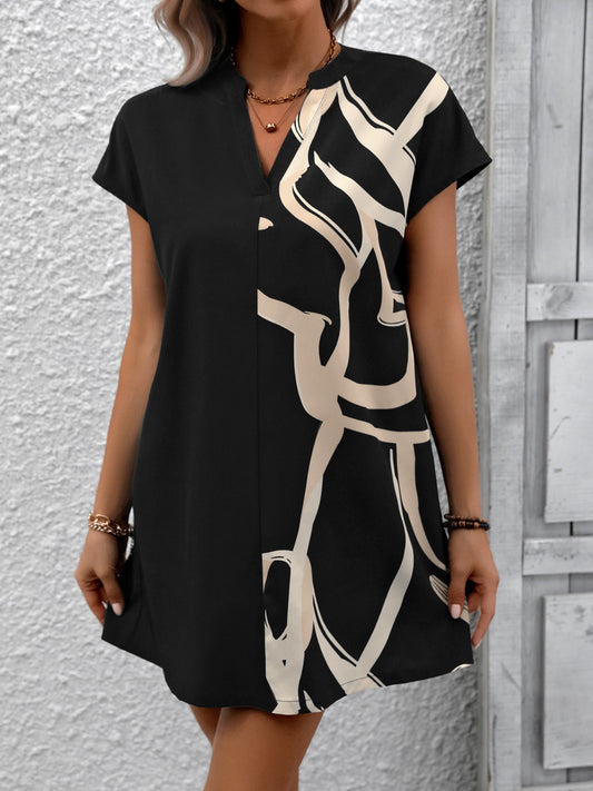 Printed Notched Short Sleeve Dress - In Style Chics Boutique LLC