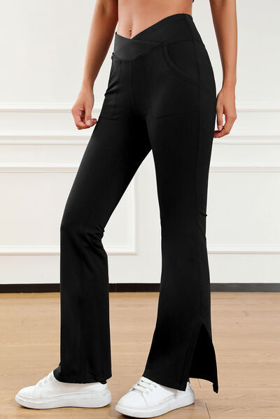 Wide Waistband Slit Bootcut Active Pants - In Style Chics Boutique LLC