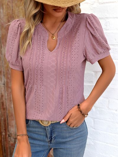 Eyelet Notched Puff Sleeve T-Shirt More Colors! - In Style Chics Boutique LLC