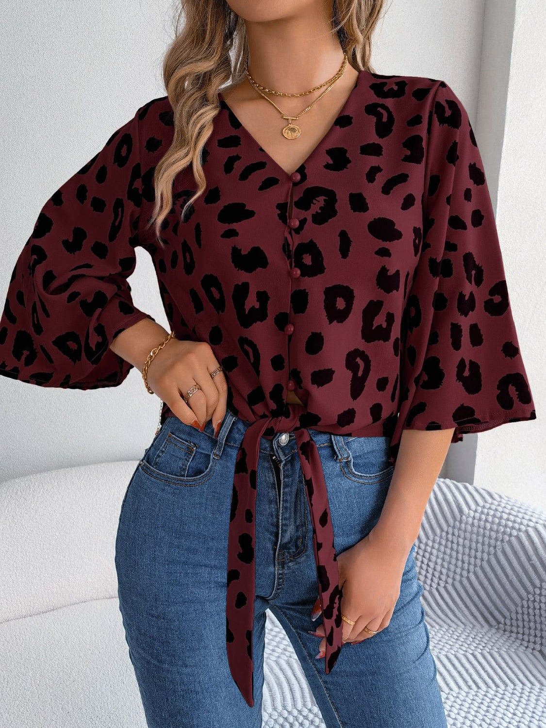 Tied Button Up Leopard V-Neck Blouse - More Colors! - In Style Chics Boutique LLC