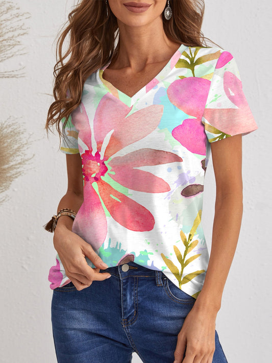 Printed V-Neck Short Sleeve T-Shirt - In Style Chics Boutique LLC