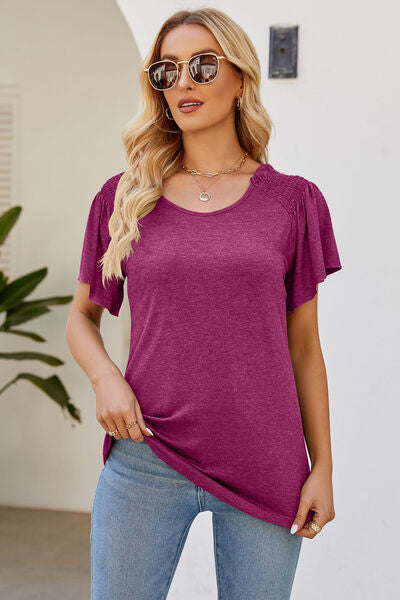 Smocked Round Neck Flutter Sleeve T-Shirt - More Color Options - In Style Chics Boutique LLC