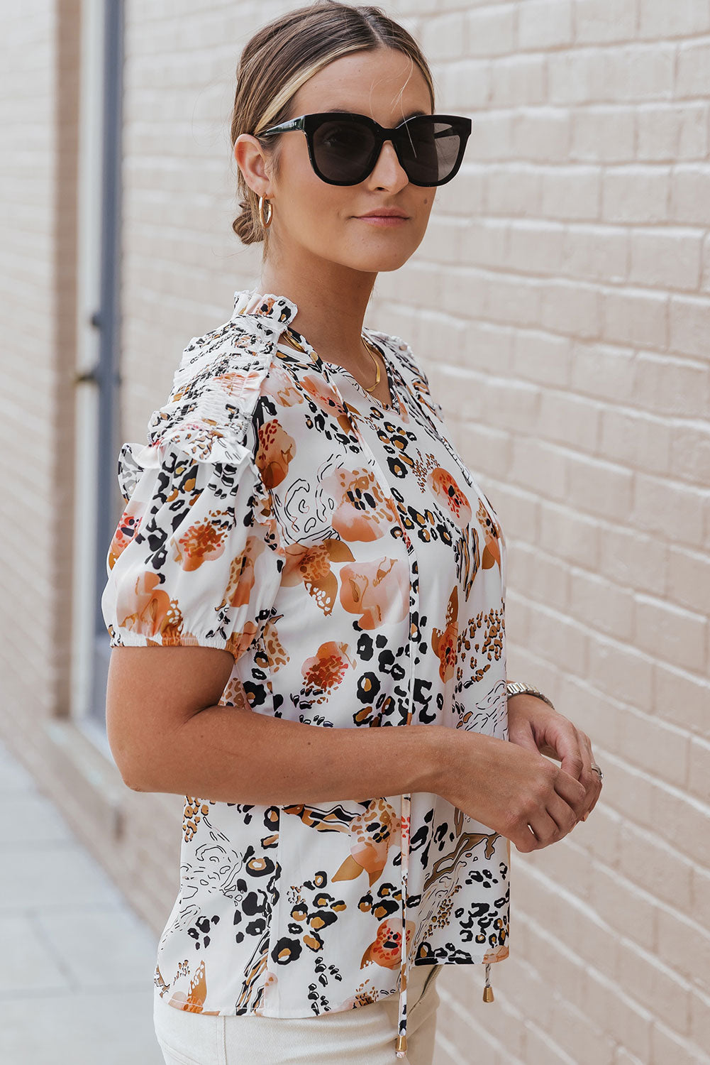 Ruffled Leopard Tie Neck Short Sleeve T-Shirt - In Style Chics Boutique LLC