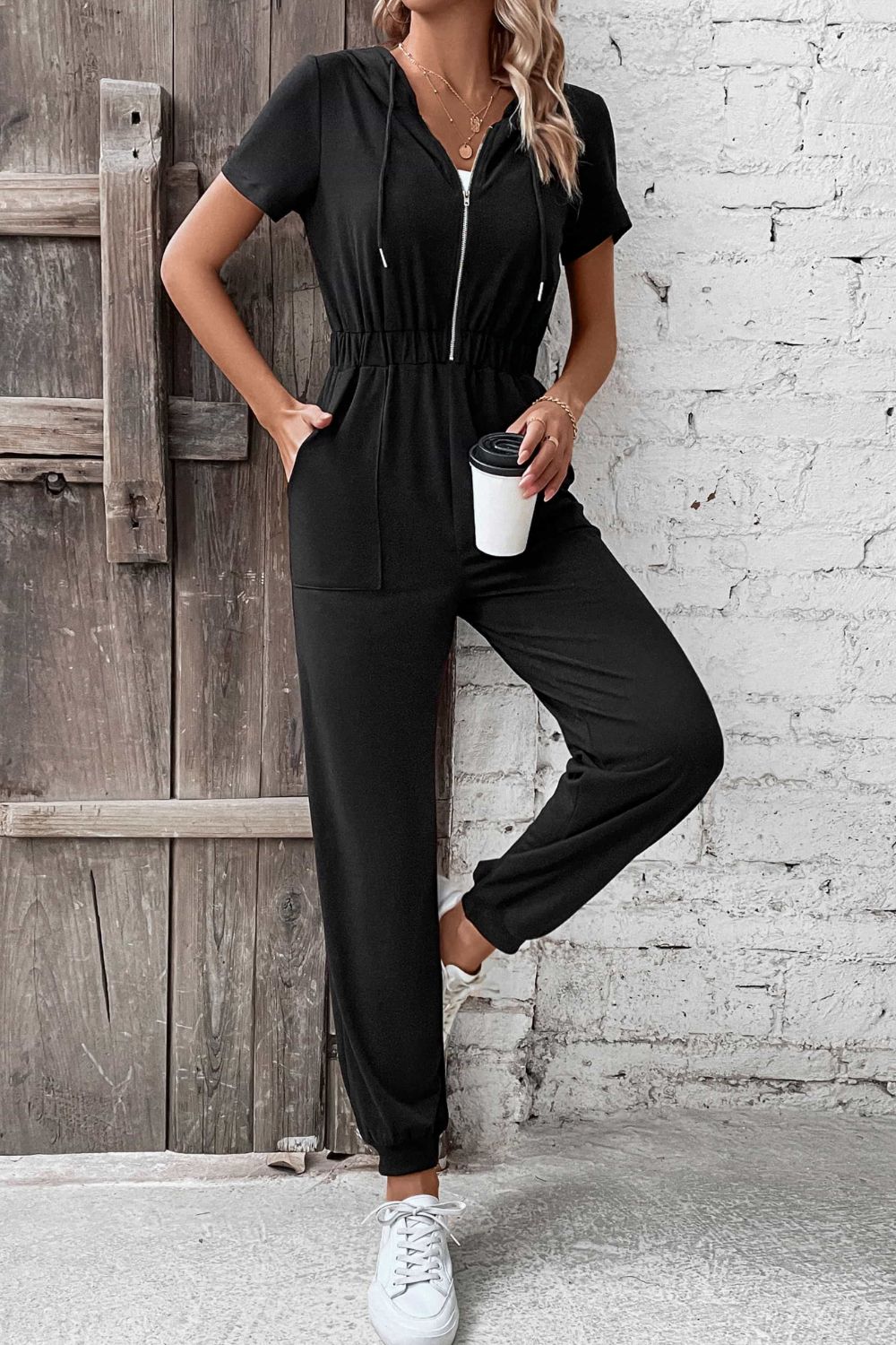 Zip-Up Short Sleeve Hooded Jumpsuit with Pockets - In Style Chics Boutique LLC