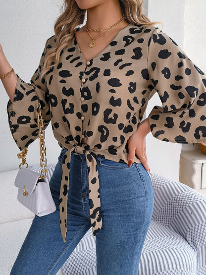 Tied Button Up Leopard V-Neck Blouse - More Colors! - In Style Chics Boutique LLC