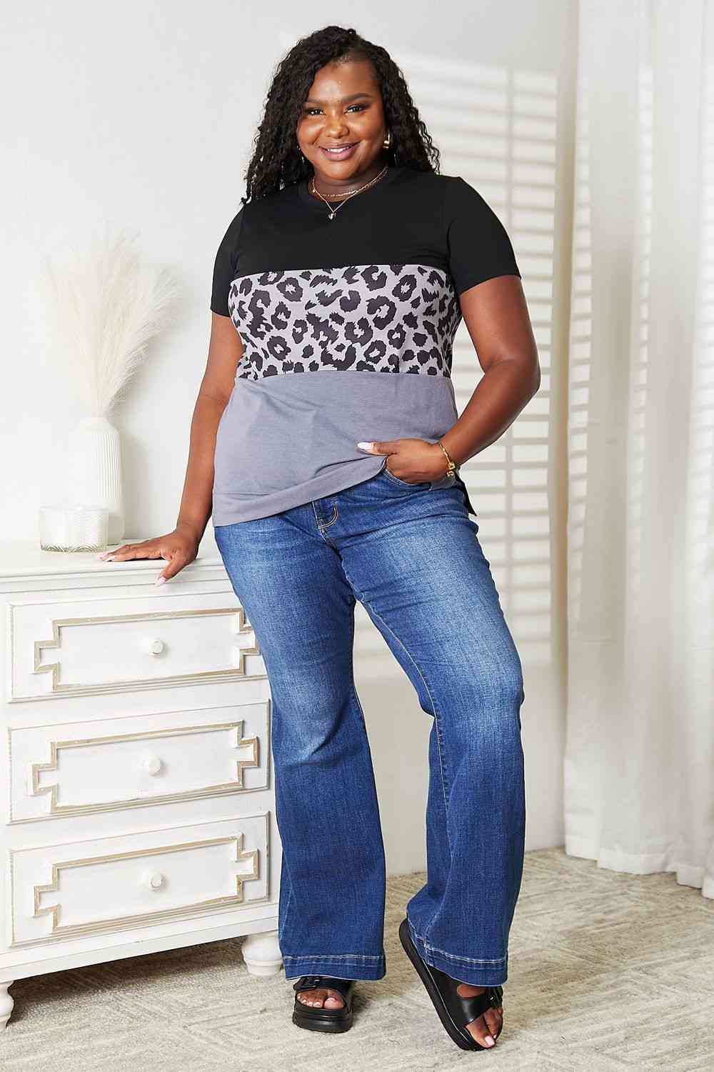 Double Take Leopard Print Color Block Short Sleeve T-Shirt - In Style Chics Boutique LLC