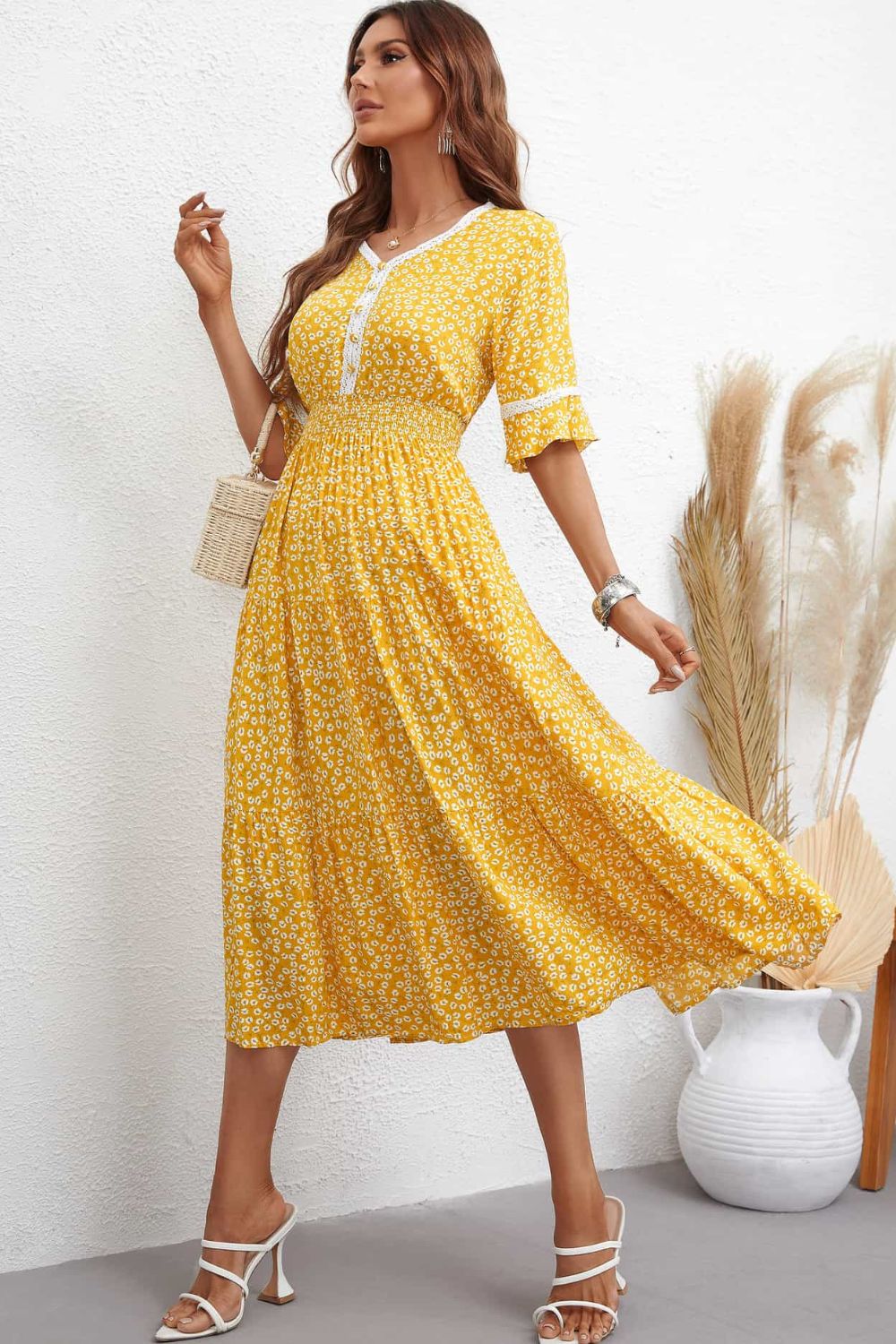 Floral V-Neck Smocked Waist Midi Dress Mustard or Deep Rose - In Style Chics Boutique LLC