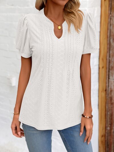 Eyelet Notched Puff Sleeve T-Shirt More Colors! - In Style Chics Boutique LLC