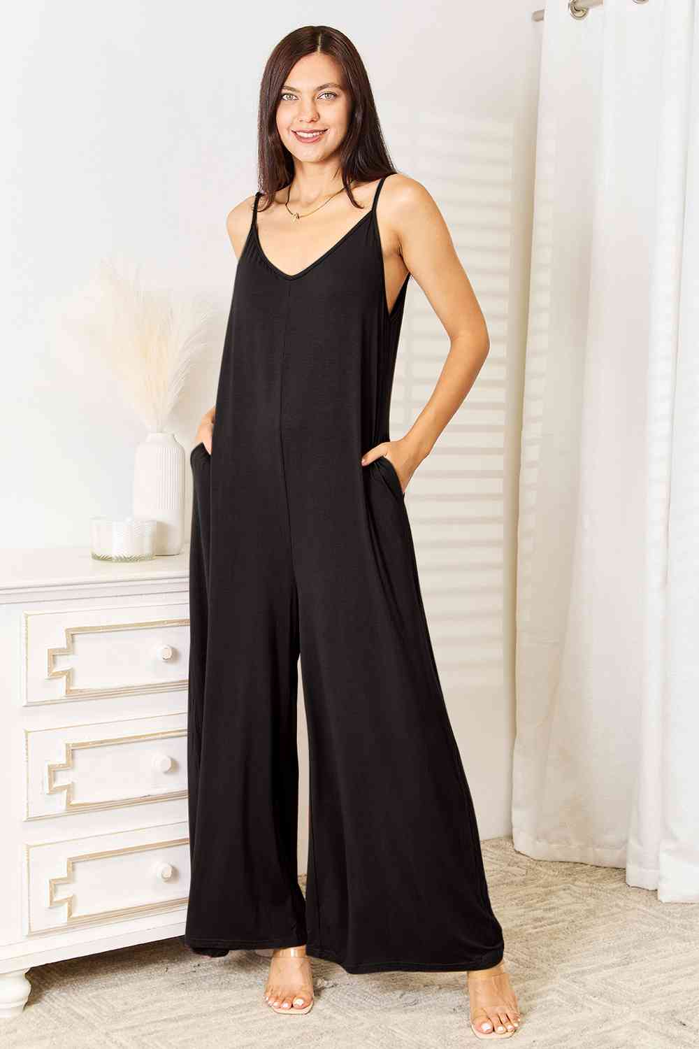 Double Take Full Size Soft Rayon Spaghetti Strap Tied Wide Leg Jumpsuit - More Colors! - In Style Chics Boutique LLC