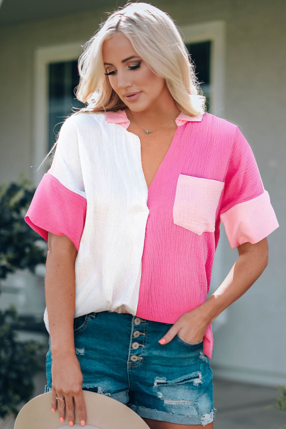 Color Block Textured Johnny Collar Blouse - In Style Chics Boutique LLC