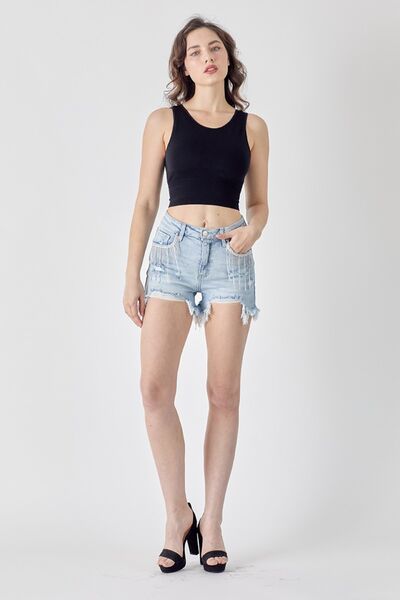 RISEN Frayed Hem Denim Shorts with Fringe Detail Pockets - In Style Chics Boutique LLC