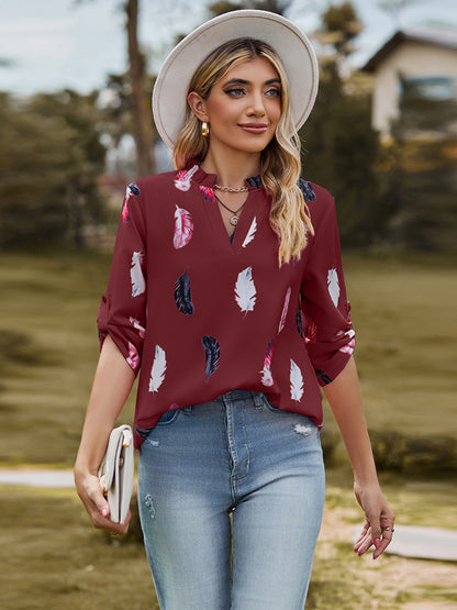 Printed Roll-Tab Sleeve Notched Neck Blouse - More Colors! - In Style Chics Boutique LLC