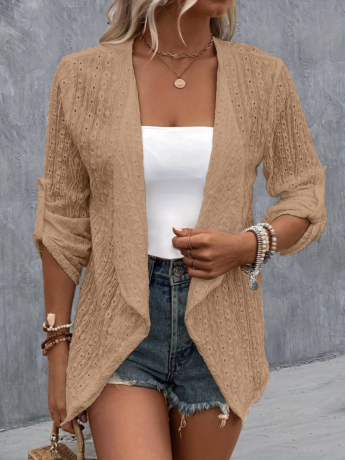 Eyelet Roll-Tab Sleeve Cardigan More Colors! - In Style Chics Boutique LLC