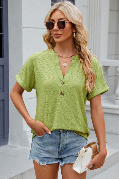 Eyelet Notched Short Sleeve T-Shirt More Colors! - In Style Chics Boutique LLC