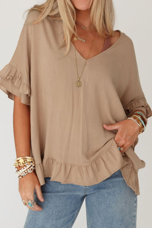 Ruffled V-Neck Half Sleeve Blouse - In Style Chics Boutique LLC