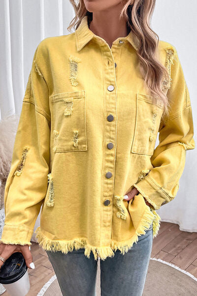 Distressed Button Up Raw Hem Denim Jacket - More Colors! - In Style Chics Boutique LLC