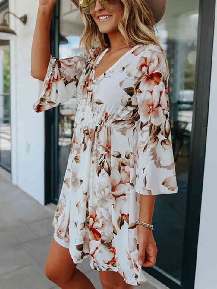 Floral V-Neck Three-Quarter Sleeve Dress - In Style Chics Boutique LLC