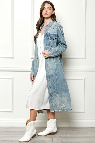 Veveret Full Size Distressed Raw Hem Pearl Detail Button Up Jacket - In Style Chics Boutique LLC