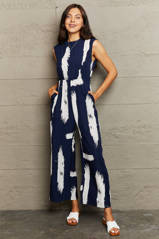 Printed Round Neck Cutout Jumpsuit with Pockets - In Style Chics Boutique LLC