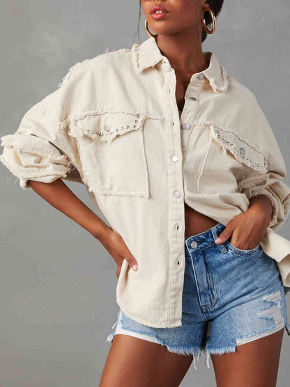 Button Down Raw Hem Denim Jacket - Ivory or Misty Blue - In Style Chics Boutique LLC