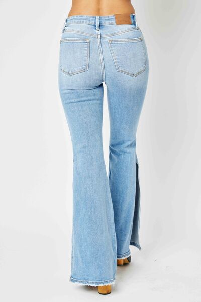 Judy Blue Full Size Mid Rise Raw Hem Slit Flare Jeans - In Style Chics Boutique LLC