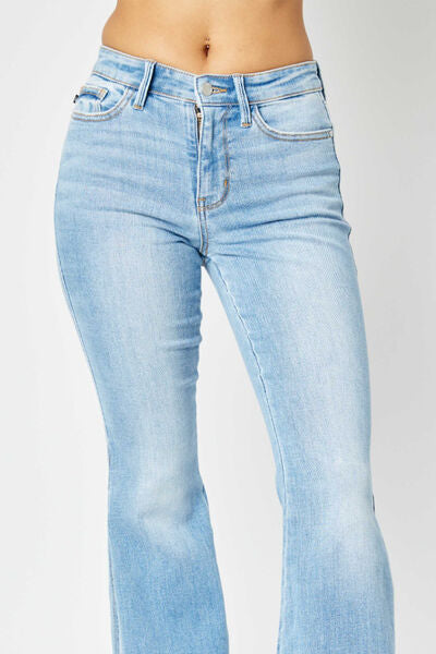 Judy Blue Full Size Mid Rise Raw Hem Slit Flare Jeans - In Style Chics Boutique LLC