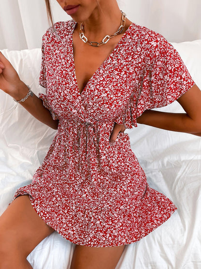 Cutout Ditsy Floral Surplice Flounce Sleeve Dress - Also in Deep Red! - In Style Chics Boutique LLC