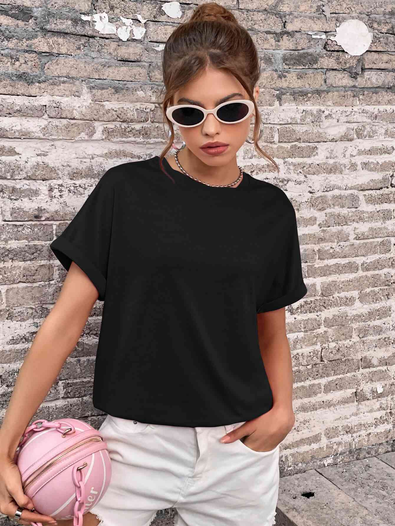 Round Neck Cuffed Sleeve T-Shirt - In Style Chics Boutique LLC