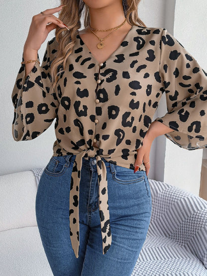 Tied Button Up Leopard V-Neck Blouse - More Colors! - In Style Chics Boutique LLC