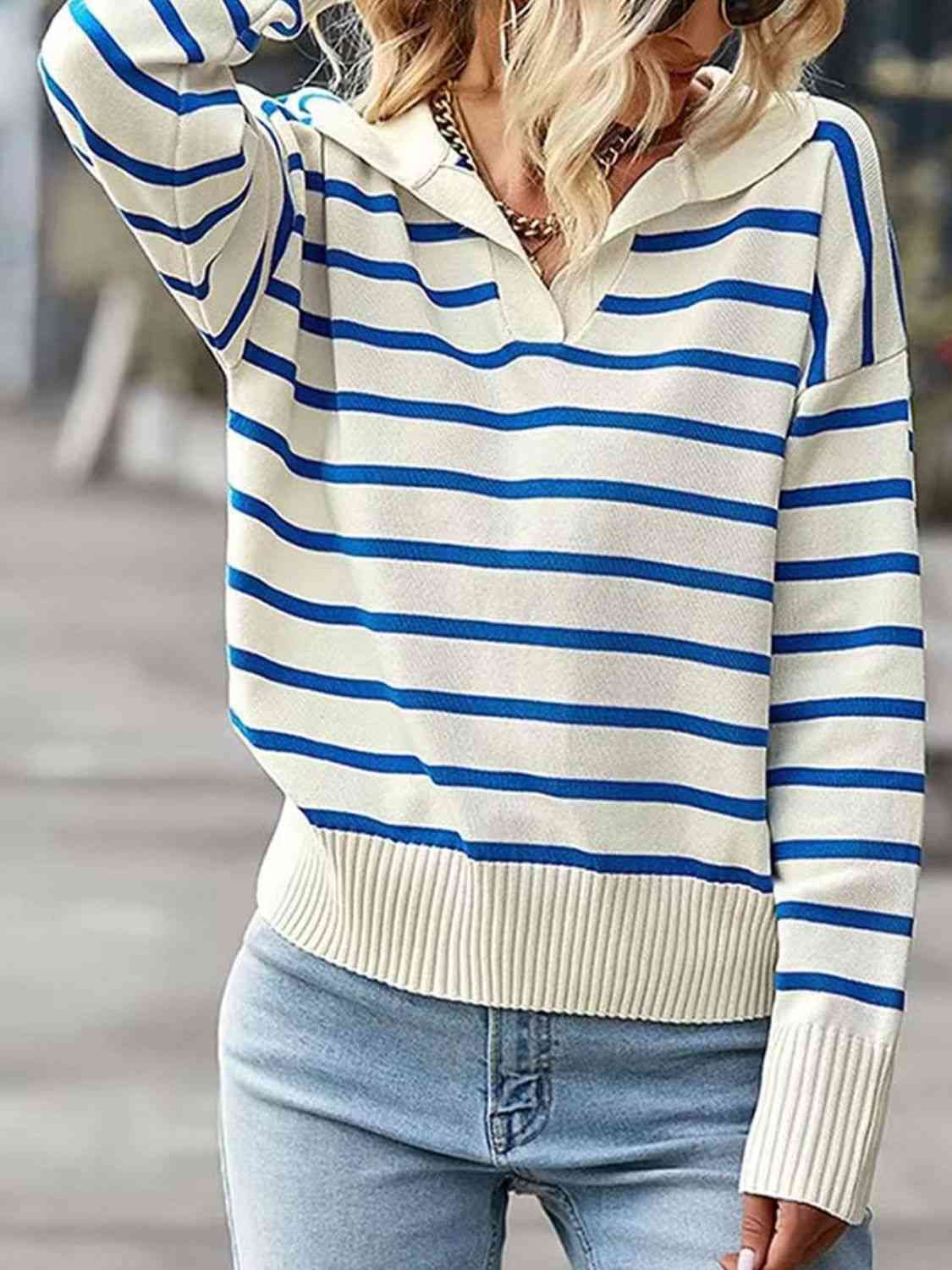 Striped Collared Neck Knit Top - In Style Chics Boutique LLC